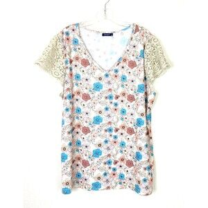 Sampeel Women's V-Neck Knit Shirt Size XXL Beige Floral Crochet Sleeves Boho